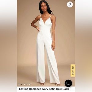 Lulus Lasting Romance Ivory Satin Bow Back Wide-Leg Jumpsuit